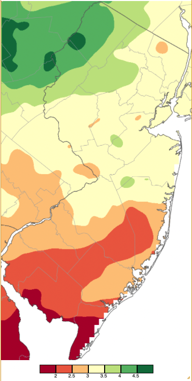 Figure 1. February 2022 precipitation across New Jersey based on a PRISM (Oregon State University) analysis generated using NWS Cooperative and CoCoRaHS observations from 7AM on January 31st to 7AM on February 28th. Note the scale in inches at the bottom of the map. Totals range from 1.50”–2.00” (dark red) to 4.50”–5.00” (dark green). February 2022 precipitation across New Jersey based on a PRISM (Oregon State University) analysis generated using NWS Cooperative and CoCoRaHS observations from 7AM on January 31st to 7AM on February 28th.