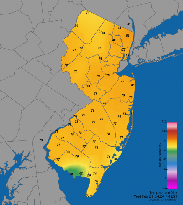 Figure 2. February 21, 2018, maximum temperatures at NJWxNet stations. Feb 21 high temperature map
