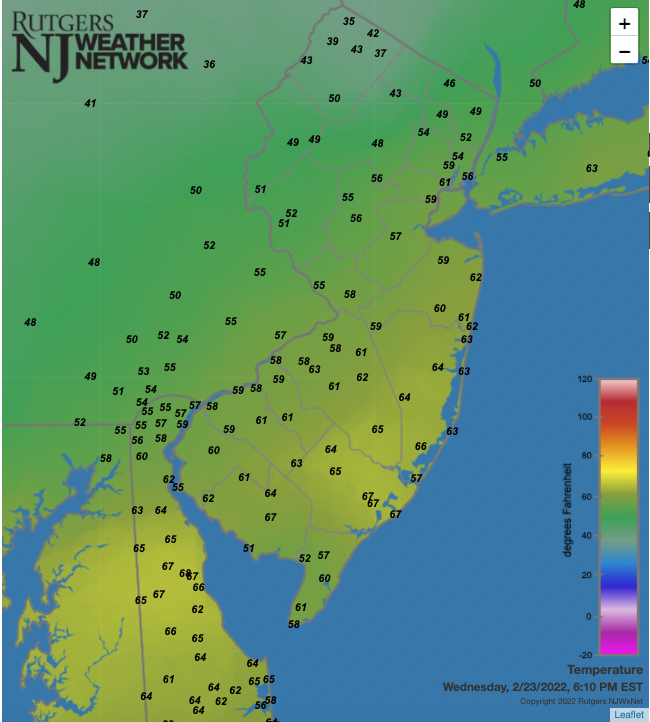 Figure 10. Temperatures across NJ and nearby states at 6:10 PM on February 23rd. Observations are from NJWxNet, National Weather Service, and Delaware Environmental Observing System stations. Temperatures across NJ and nearby states at 6:10 PM on February 23rd. Observations are from NJWxNet, National Weather Service, and Delaware Environmental Observing System stations.