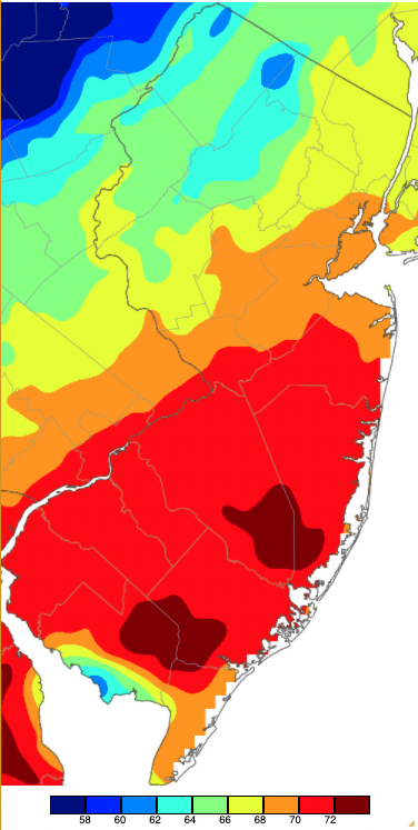 Figure 8. Maximum temperatures on February 23rd based on a PRISM (Oregon State University) analysis generated using NWS, NJWxNet, and other professional weather stations. Note the 2 degree increment scale beneath the map. Maximum temperatures on February 23rd based on a PRISM (Oregon State University) analysis generated using NWS, NJWxNet, and other professional weather stations.