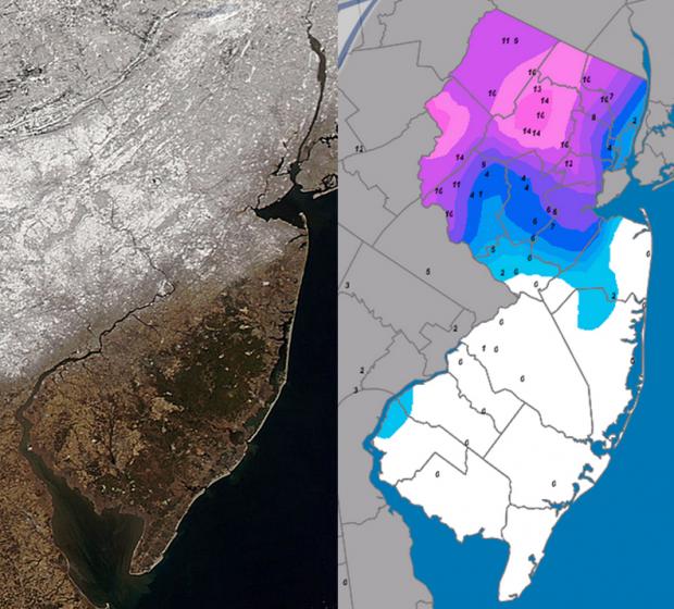 NASA MODIS visible satellite image showing snow cover across NJ (left) and snow on ground in inches as measured by NJ CoCoRaHS observers (right) on February 28th. Snow Cover Map