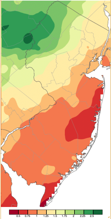 Figure 2. Precipitation across New Jersey from 7AM on February 3rd through 7AM February 5th based on a PRISM (Oregon State University) analysis generated using NWS Cooperative and CoCoRaHS observations. Note the scale in inches beneath the map. Precipitation across New Jersey from 7AM on February 3rd through 7AM February 5th based on a PRISM (Oregon State University) analysis generated using NWS Cooperative and CoCoRaHS observations.