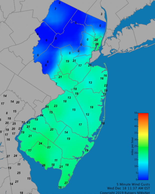 Figure 4. Peak wind gusts reported at NJWxNet, NWS, and Delaware Environmental Observing System stations for the 5-minute period ending at 11:15 AM on December 18th. Those stations reporting 0 mph gusts are indicative of where freezing rain on 16th–17th rendered the anemometers inoperable. Map showing frozen anemometers on December 18th