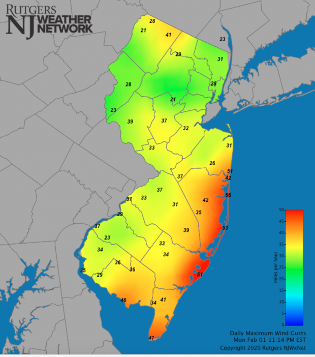 Figure 3. Maximum wind gusts on February 1st as recorded at Rutgers NJ Weather Network stations. Maximum wind gusts on February 1st
