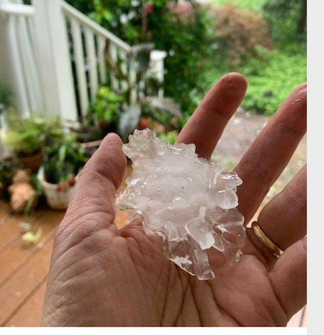 Figure 2. Hail stone that fell in Hillsdale (Bergen) on July 9 (courtesy of C. Gerbig as posted on Facebook). Hail photo