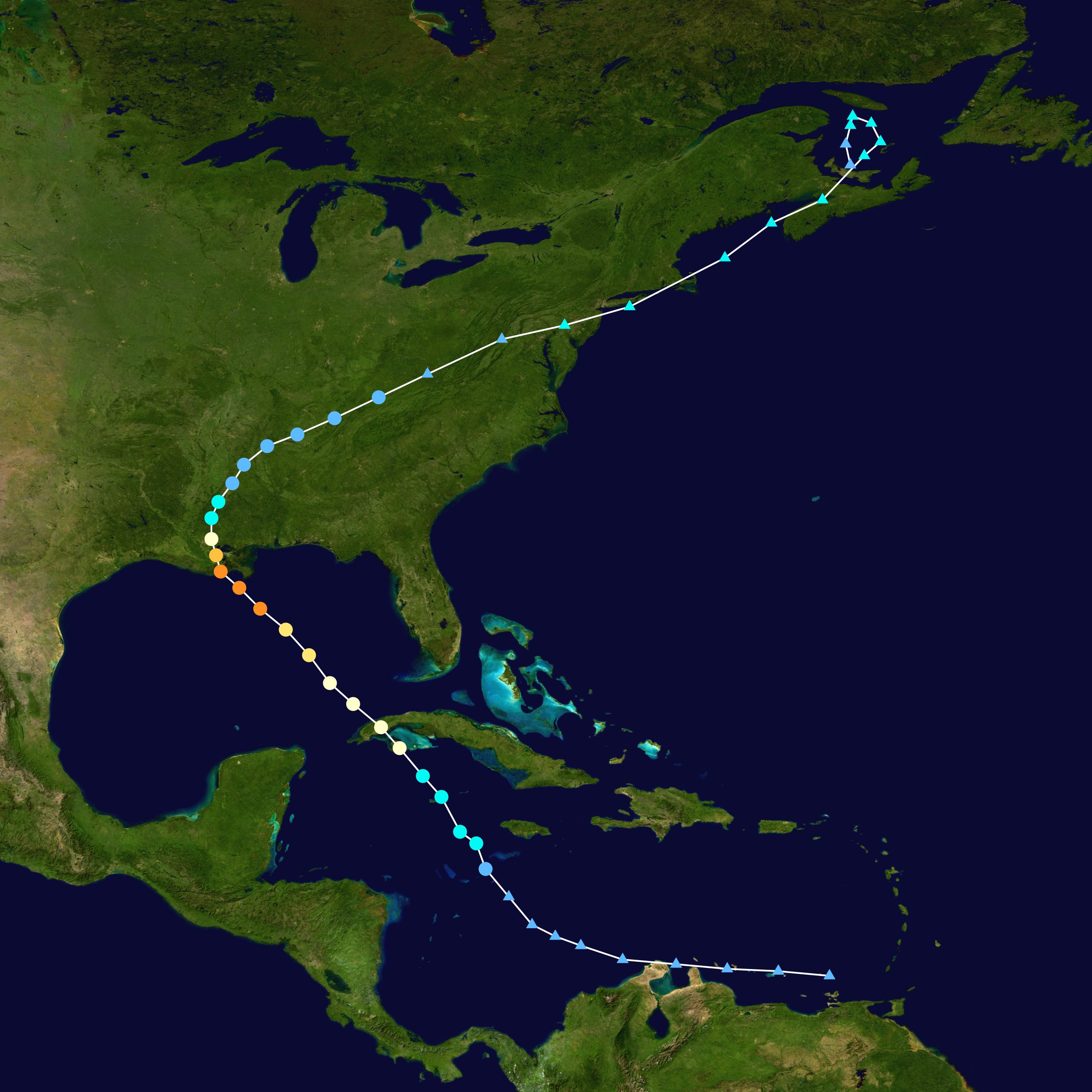 Figure 1. The path of Ida from the Caribbean into Atlantic Canada from August 23rd to September 4th. The larger circles depict locations where the system was at tropical storm or hurricane strength. The yellow and orange circles show where it was at hurricane strength, the darker orange at category 4 level (source: Wikipedia). The path of Ida from the Caribbean into Atlantic Canada from August 23rd to September 4th.