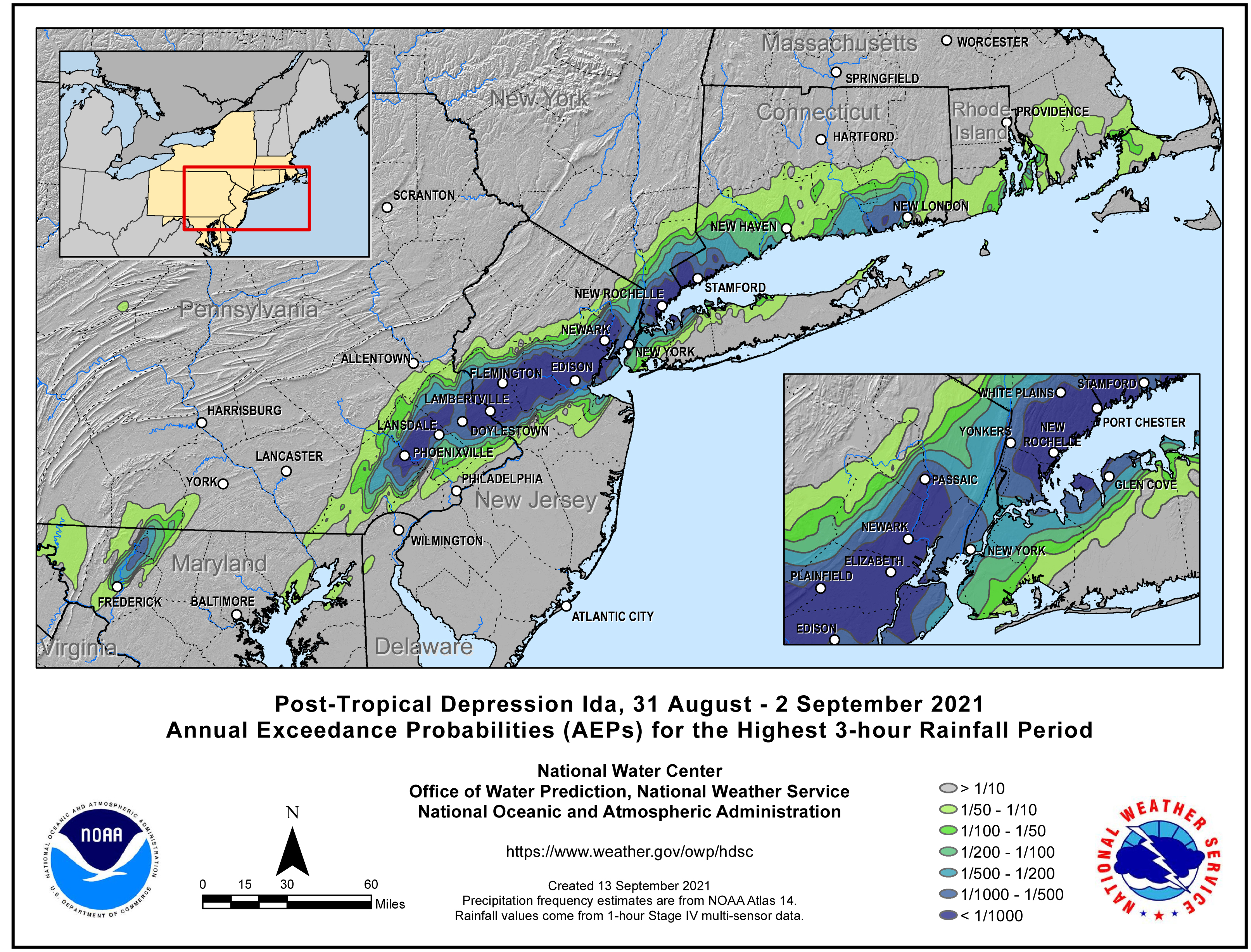 Figure 14. Annual exceedance probabilities (the same as ARI, except showing the probability of such an event occurring in a given year) for the highest three-hour rainfall interval as mapped by the National Weather Service. Annual exceedance probabilities (the same as ARI, except showing the probability of such an event occurring in a given year) for the highest three-hour rainfall interval as mapped by the National Weather Service.