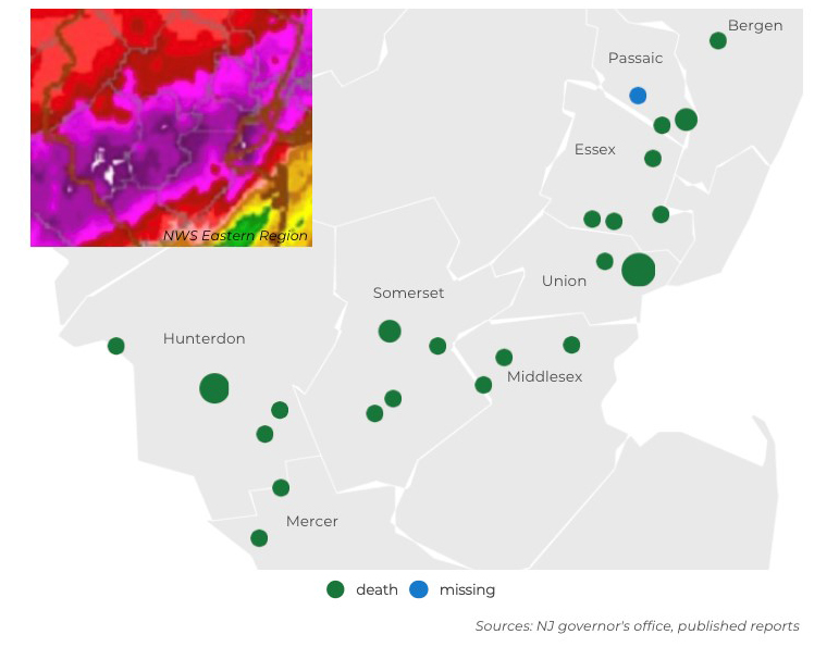 Figure 22. Map showing the location where one or more individuals perished or where missing were last seen, stemming from Ida flooding (source: NJ Spotlight, 9/13/21). Map showing the location where one or more individuals perished or where missing were last seen, stemming from Ida flooding (source: NJ Spotlight, 9/13/21).