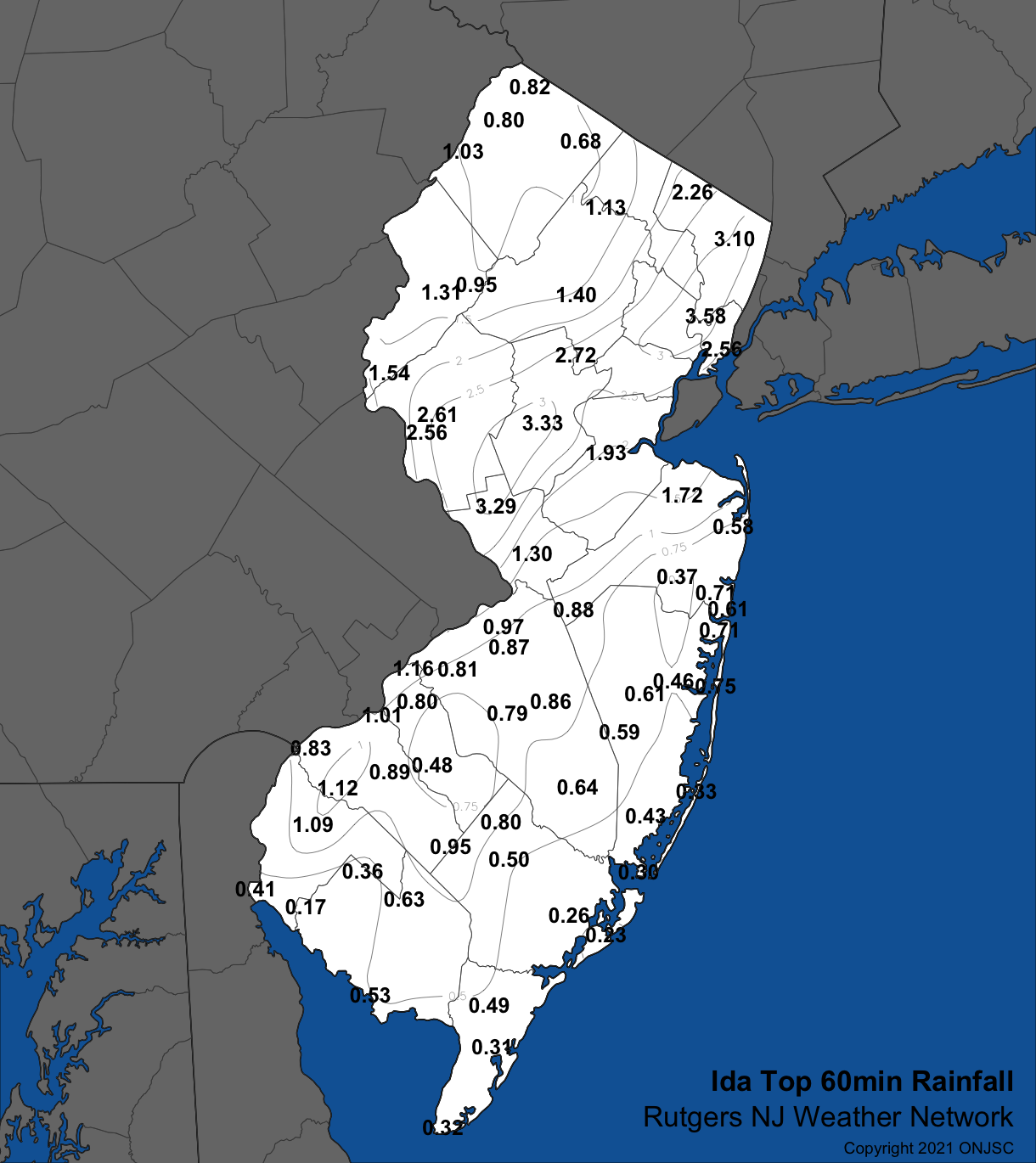 Figure 10. Peak one-hour rainfall across NJ based on observations from Rutgers NJWxNet stations and the Newark Airport NWS station. See the text for further explanation of how values were calculated. Peak one-hour rainfall across NJ based on observations from Rutgers NJWxNet stations and the Newark Airport NWS station.