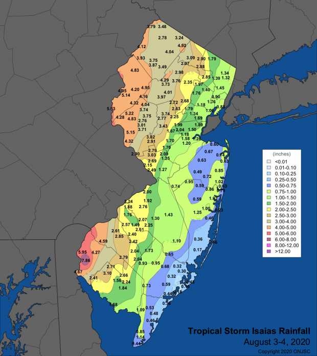 Figure 2. Rainfall from Tropical Storm Isaias on August 3rd-4th, based on NJWxNet, CoCoRaHS, and NWS reports. Rainfall map from Tropical Storm Isaias on August 3rd to 4th