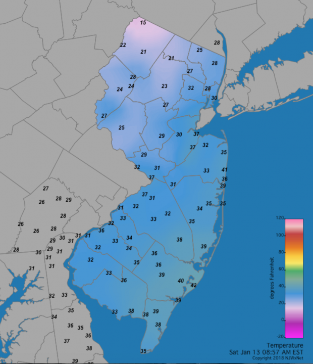 Figure 3. Statewide temperatures at 8:57AM on January 13th. Statewide temperatures at 8:57AM on January 13th