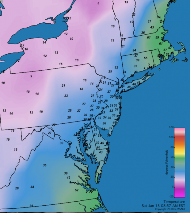 Figure 4. Mid-Atlantic temperatures at 8:57AM on January 13th. Mid-Atlantic temperatures at 8:57AM on January 13th