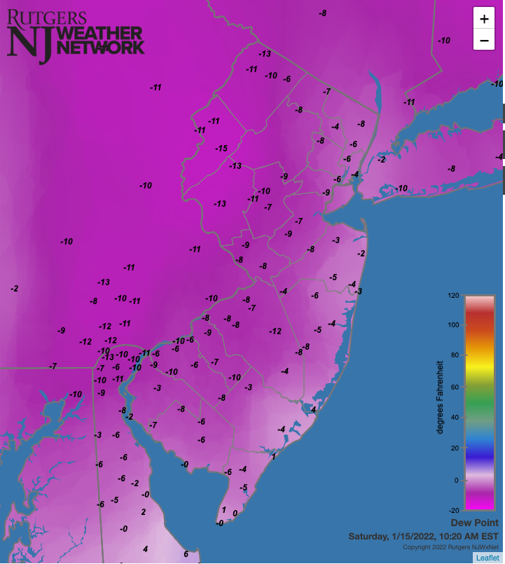 Figure 13. Dew point temperatures at 10:20 AM on January 15th from Rutgers NJ Weather Network, the Delaware Environmental Observing System network, and National Weather Service airport stations. Dew point temperatures at 10:20 AM on January 15th from Rutgers NJ Weather Network, the Delaware Environmental Observing System network, and National Weather Service airport stations.