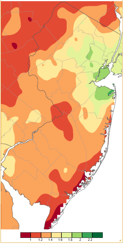 Figure 6. Precipitation across New Jersey from 7AM on January 16th through 7AM January 18th based on a PRISM (Oregon State University) analysis generated using generated using NWS Cooperative and CoCoRaHS observations. Note the scale in inches beneath the map. Precipitation across New Jersey from 7AM on January 16th through 7AM January 18th based on a PRISM (Oregon State University) analysis generated using generated using NWS Cooperative and CoCoRaHS observations.