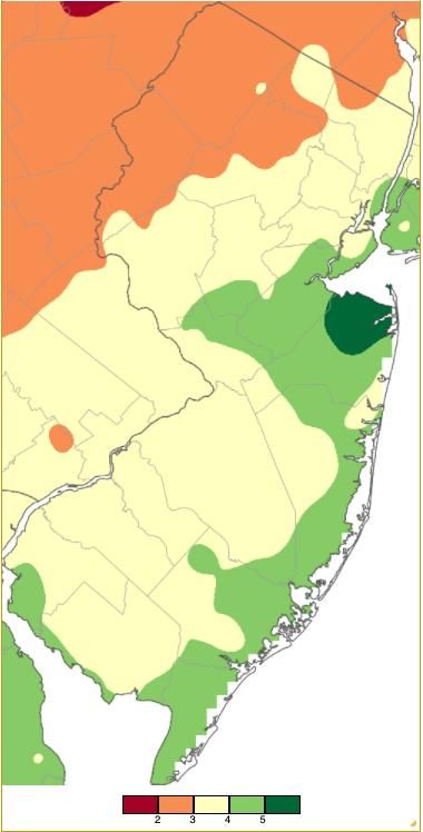 Figure 1. January 2022 precipitation across New Jersey based on a PRISM (Oregon State University) analysis generated using NWS Cooperative and CoCoRaHS observations from 7AM on December 31, 2021, to 7AM on January 31st. Note the scale in full inches at the bottom of the map. Totals range from 1.00”–2.00” (dark red) to 5.00”–6.00” (dark green). January 2022 precipitation across New Jersey based on a PRISM (Oregon State University) analysis generated using NWS Cooperative and CoCoRaHS observations from 7AM on December 31, 2021, to 7AM on January 31st.