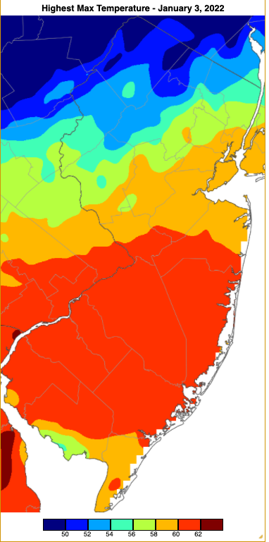 Figure 12. Maximum temperatures on January 2nd based on a PRISM (Oregon State University) analysis generated using NWS, NJWxNet, and other professional weather stations. Note the 2°F increment scale beneath the map. Maximum temperatures on January 2nd based on a PRISM (Oregon State University) analysis generated using NWS, NJWxNet, and other professional weather stations.