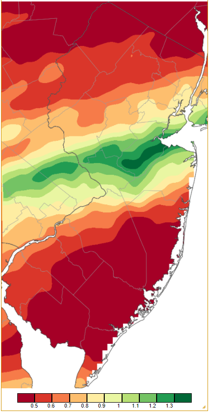 Figure 2. Precipitation across New Jersey from 7AM on January 1st through 7AM January 2nd based on a PRISM (Oregon State University) analysis generated using generated using NWS Cooperative and CoCoRaHS observations. Note the scale in inches beneath the map. Precipitation across New Jersey from 7AM on January 1st through 7AM January 2nd based on a PRISM (Oregon State University) analysis generated using generated using NWS Cooperative and CoCoRaHS observations.