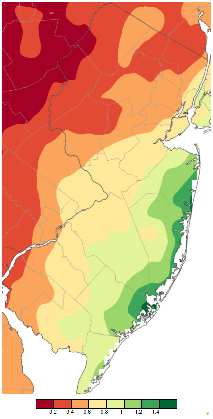 Figure 10. Precipitation across New Jersey from 7AM on January 28th through 7AM January 30th based on a PRISM (Oregon State University) analysis generated using generated using NWS Cooperative and CoCoRaHS observations. Note the scale in inches beneath the map. Precipitation across New Jersey from 7AM on January 28th through 7AM January 30th based on a PRISM (Oregon State University) analysis generated using generated using NWS Cooperative and CoCoRaHS observations.