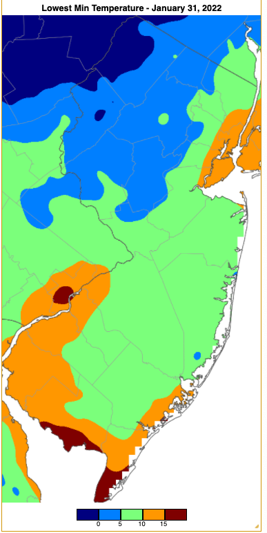 Figure 14. Minimum temperatures on January 31st based on a PRISM (Oregon State University) analysis generated using NWS, NJWxNet, and other professional weather stations. Note the in 5°F increment scale beneath the map. Minimum temperatures on January 31st based on a PRISM (Oregon State University) analysis generated using NWS, NJWxNet, and other professional weather stations
