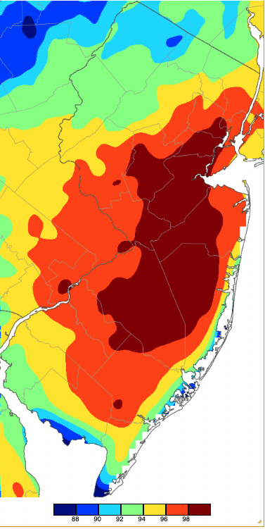 Figure 2. Maximum temperatures on July 24th based on a PRISM (Oregon State University) analysis generated using NWS, NJWxNet, and other professional weather stations. Note the in 2-degree increment scale beneath the map. Maximum temperatures on July 24th based on a PRISM (Oregon State University) analysis generated using NWS, NJWxNet, and other professional weather stations.
