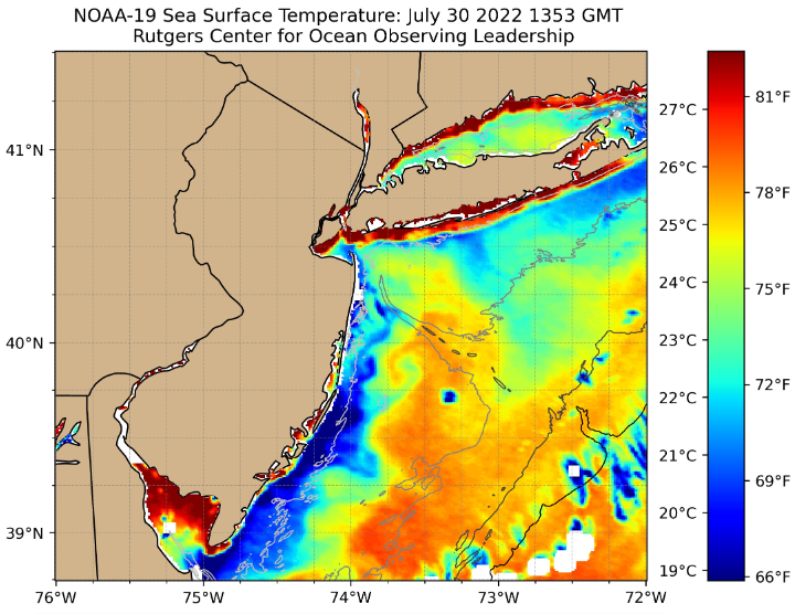 Figure 3. Sea Surface temperatures at 9:53 AM on July 30th based on data from the NOAA 19 satellite. Image courtesy of the Rutgers Center for Ocean Observing Leadership. Map of sea Surface temperatures at 9:53 AM on July 30th based on data from the NOAA 19 satellite.