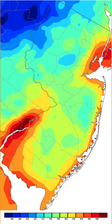 Figure 4. Minimum temperatures on July 4th based on a PRISM (Oregon State University) analysis generated using NWS, NJWxNet, and other professional weather stations. Note the 2-degree increment scale beneath the map. Minimum temperatures on July 4th based on a PRISM (Oregon State University) analysis generated using NWS, NJWxNet, and other professional weather stations.