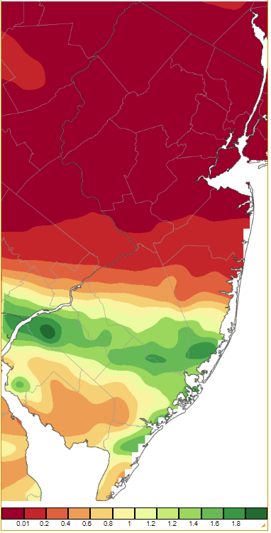 Figure 7. Precipitation across New Jersey from 8 AM on July 6th through 8 AM July 8th based on a PRISM (Oregon State University) analysis generated using generated using NWS Cooperative and CoCoRaHS observations. Note the scale in inches beneath the map. Precipitation across New Jersey from 8 AM on July 6th through 8 AM July 8th based on a PRISM (Oregon State University) analysis generated using generated using NWS Cooperative and CoCoRaHS observations.