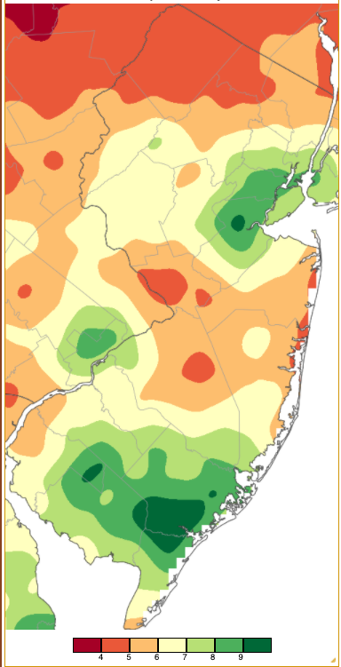 Figure 1. July 2020 precipitation across New Jersey based on a PRISM analysis generated using NWS Cooperative and CoCoRaHS observations (Oregon State University). July 2020 PRISM precipitation estimate map