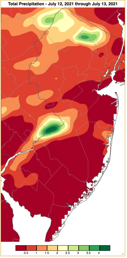 Figure 4. Rainfall from approximately 7 AM on July 11th to 7 AM on July 13th based on a PRISM (Oregon State University) analysis generated using NWS Cooperative and CoCoRaHS observations. Note the scale in inches at the bottom of the figure. Rainfall from approximately 7 AM on July 11th to 7 AM on July 13th based on an analysis generated using NWS Cooperative and CoCoRaHS observations