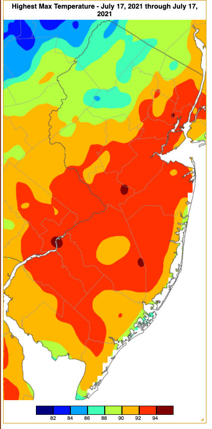 Figure 13. Maximum temperatures on July 17th based on a PRISM (Oregon State University) analysis generated using NWS, NJWxNet, and other professional weather stations. Note the scale in °F at the bottom of the figure. Maximum temperatures on July 17th based on an analysis generated using NWS, NJWxNet, and other professional weather stations