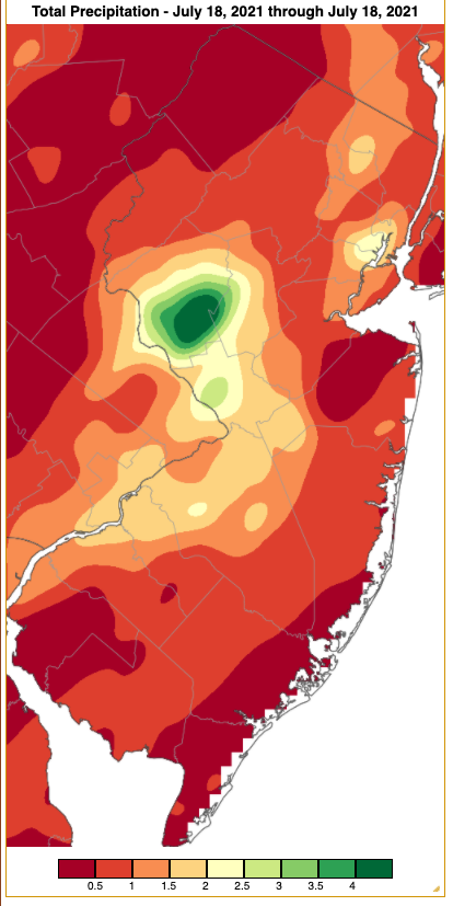 Figure 5. Rainfall from approximately 7 AM on July 17th to 7 AM on July 18th based on a PRISM (Oregon State University) analysis generated using NWS Cooperative and CoCoRaHS observations. Note the scale in inches at the bottom of the figure. Rainfall from approximately 7 AM on July 17th to 7 AM on July 18th based on an analysis generated using NWS Cooperative and CoCoRaHS observations