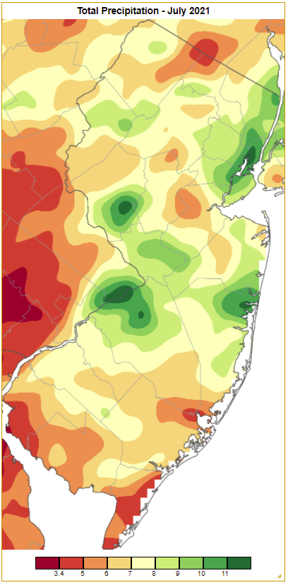 Figure 1. July 2021 precipitation across New Jersey based on a PRISM (Oregon State University) analysis generated using NWS Cooperative and CoCoRaHS observations from 7 AM on June 30th to 7 AM on July 31st. Note the scale in inches at the bottom of the figure. Totals range from 3.00”–4.00” (red) to 11.00”–12.00” (dark green). Rainfall from approximately 7 AM on June 30th to 7 AM on July 31st based on an analysis generated using NWS Cooperative and CoCoRaHS observations