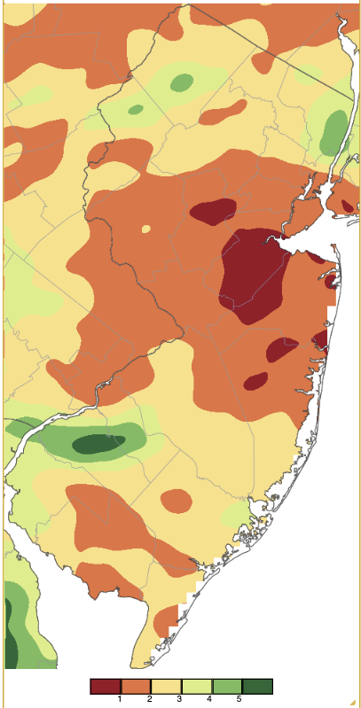 Figure 1. July 2022 precipitation across New Jersey based on a PRISM (Oregon State University) analysis generated using NWS Cooperative and CoCoRaHS observations from 8 AM on June 30th to 8 AM on July 31st. Note the scale in full inches at the bottom of the map. Totals range from 0.00–1.00” (dark red) to 5.00”–6.00” (dark green).. July 2022 precipitation across New Jersey based on a PRISM (Oregon State University) analysis generated using NWS Cooperative and CoCoRaHS observations from 8 AM on June 30th to 8 AM on July 31st.