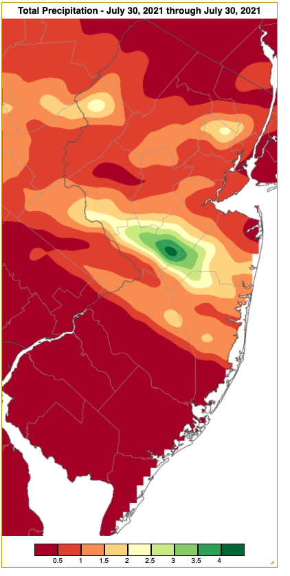 Figure 8. Rainfall from approximately 7 AM on July 29th to 7 AM on July 30th based on a PRISM (Oregon State University) analysis generated using NWS Cooperative and CoCoRaHS observations. Note the scale in inches at the bottom of the figure. Rainfall from approximately 7 AM on July 29th to 7 AM on July 30th based on an analysis generated using NWS Cooperative and CoCoRaHS observations
