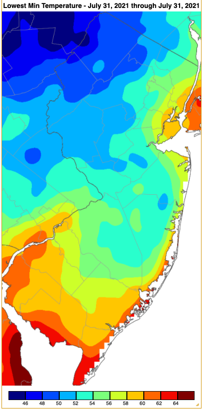 Figure 14. Minimum temperatures on July 31st based on a PRISM (Oregon State University) analysis generated using NWS, NJWxNet, and other professional weather stations. Note the scale in °F at the bottom of the figure. Maximum temperatures on July 17th based on an analysis generated using NWS, NJWxNet, and other professional weather stations