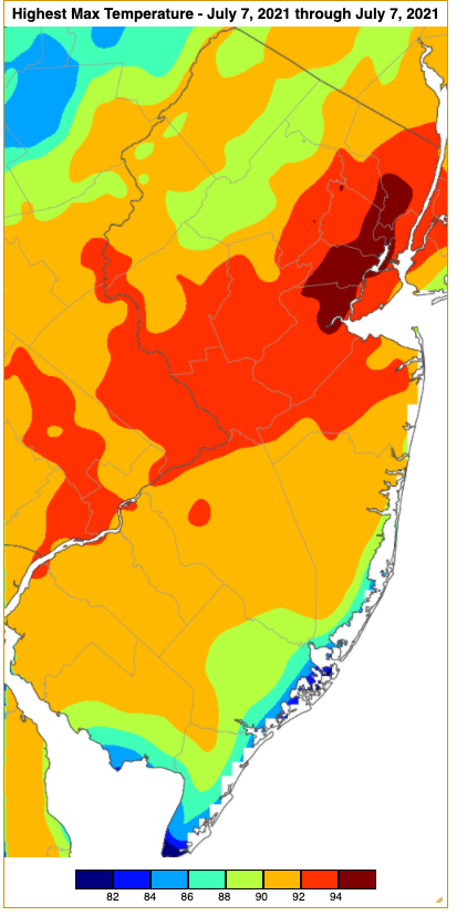 Figure 12. Maximum temperatures on July 7th based on a PRISM (Oregon State University) analysis generated using NWS, NJWxNet, and other professional weather stations. Note the scale in °F at the bottom of the figure. Maximum temperatures on July 7th based on an analysis generated using NWS, NJWxNet, and other professional weather stations