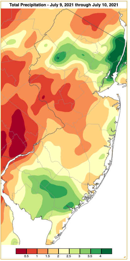 Figure 3. Rainfall from approximately 7 AM on July 8th to 7 AM on July 10th based on a PRISM (Oregon State University) analysis generated using NWS Cooperative and CoCoRaHS observations. Note the scale in inches at the bottom of the figure. Rainfall from approximately 7 AM on July 8th to 7 AM on July 10th based on an analysis generated using NWS Cooperative and CoCoRaHS observations