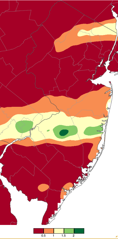 Figure 4. Precipitation across New Jersey from 8 AM on June 11th through 8 AM June 13th based on a PRISM (Oregon State University) analysis generated using generated using NWS Cooperative and CoCoRaHS observations. Note the scale in inches beneath the map. Precipitation across New Jersey from 8 AM on June 11th through 8 AM June 13th based on a PRISM (Oregon State University) analysis generated using generated using NWS Cooperative and CoCoRaHS observations.