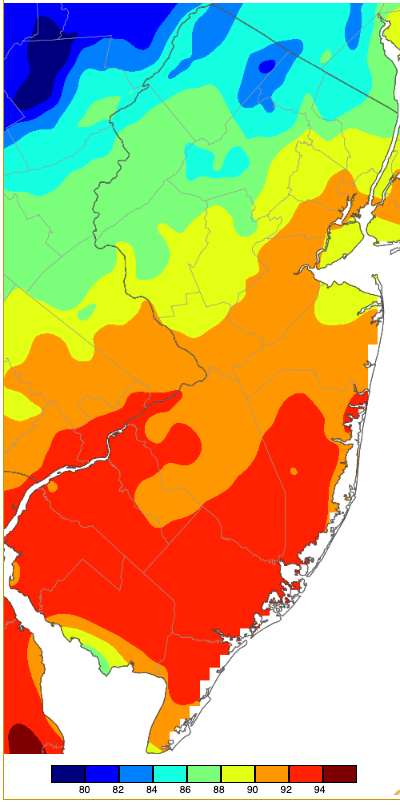 Figure 10. Maximum temperatures on June 17th based on a PRISM (Oregon State University) analysis generated using NWS, NJWxNet, and other professional weather stations. Note the in 2-degree increment scale beneath the map. Maximum temperatures on June 17th based on a PRISM (Oregon State University) analysis generated using NWS, NJWxNet, and other professional weather stations.