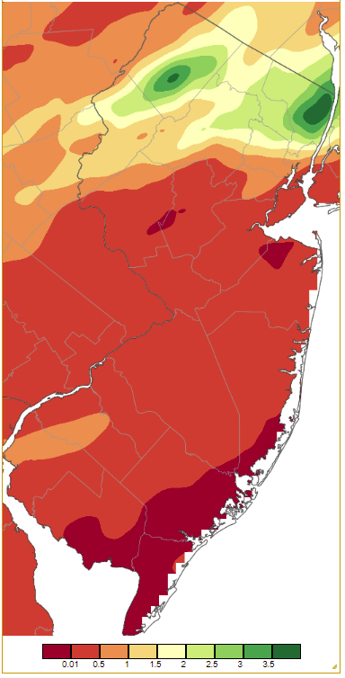Figure 9. Precipitation across New Jersey from 8 AM on July 17th through 8 AM July 19th based on a PRISM (Oregon State University) analysis generated using generated using NWS Cooperative and CoCoRaHS observations. Note the scale in inches beneath the map. Precipitation across New Jersey from 8 AM on July 17th through 8 AM July 19th based on a PRISM (Oregon State University) analysis generated using generated using NWS Cooperative and CoCoRaHS observations.