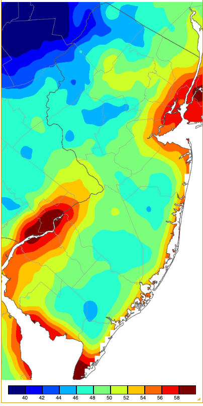 Figure 11. Minimum temperatures on June 20th based on a PRISM (Oregon State University) analysis generated using NWS, NJWxNet, and other professional weather stations. Note the 2-degree increment scale beneath the map. Minimum temperatures on June 20th based on a PRISM (Oregon State University) analysis generated using NWS, NJWxNet, and other professional weather stations.