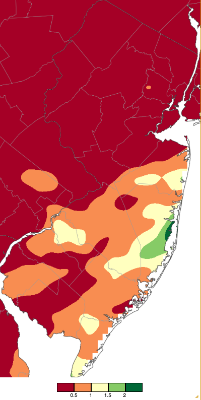Figure 5. Precipitation across New Jersey from 8 AM on June 27th through 8 AM June 28th based on a PRISM (Oregon State University) analysis generated using generated using NWS Cooperative and CoCoRaHS observations. Note the scale in inches beneath the map. Precipitation across New Jersey from 8 AM on June 27th through 8 AM June 28th based on a PRISM (Oregon State University) analysis generated using generated using NWS Cooperative and CoCoRaHS observations.