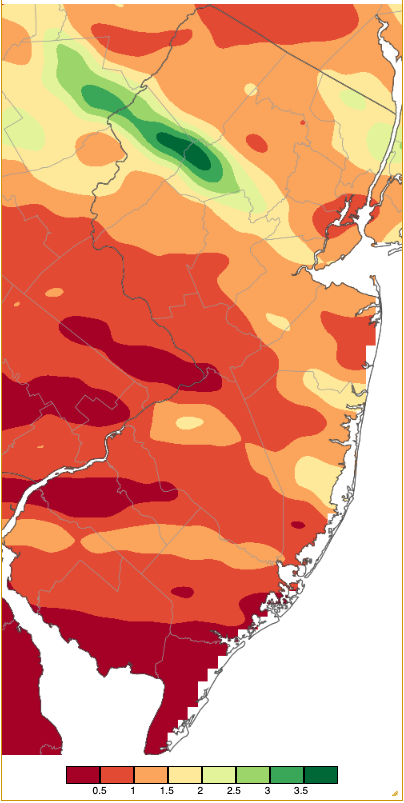 Figure 2. Precipitation across New Jersey from 8 AM on June 1st through 8 AM June 3rd based on a PRISM (Oregon State University) analysis generated using generated using NWS Cooperative and CoCoRaHS observations. Note the scale in inches beneath the map. Precipitation across New Jersey from 8 AM on June 1st through 8 AM June 3rd based on a PRISM (Oregon State University) analysis generated using generated using NWS Cooperative and CoCoRaHS observations.