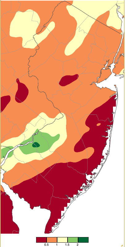 Figure 3. Precipitation across New Jersey from 8 AM on June 8th through 8 AM June 9th based on a PRISM (Oregon State University) analysis generated using generated using NWS Cooperative and CoCoRaHS observations. Note the scale in inches beneath the map. Precipitation across New Jersey from 8 AM on June 8th through 8 AM June 9th based on a PRISM (Oregon State University) analysis generated using generated using NWS Cooperative and CoCoRaHS observations.