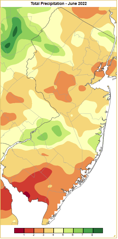 Figure 1. June 2022 precipitation across New Jersey based on a PRISM (Oregon State University) analysis generated using NWS Cooperative and CoCoRaHS observations from 8 AM on May 31st to 8 AM on June 30th. Note the scale in full inches at the bottom of the map. Totals range from 0.00–1.00” (dark red) to 8.00”–9.00” (dark green). June 2022 precipitation across New Jersey based on a PRISM (Oregon State University) analysis generated using NWS Cooperative and CoCoRaHS observations from 8 AM on May 31st to 8 AM on June 30th.