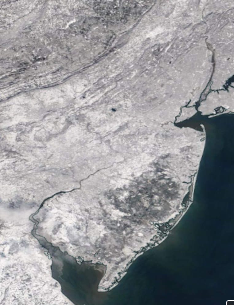 Figure 9. NASA MODIS visible satellite image showing snow cover across New Jersey and surrounding states on the morning of January 30th. NASA MODIS visible satellite image showing snow cover across New Jersey and surrounding states on the morning of January 30th.