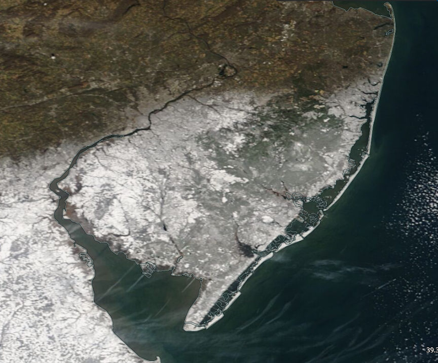 Figure 4. NASA MODIS visible satellite image showing snow cover across south Jersey and portions of Delaware on the morning of January 4th. NASA MODIS visible satellite image showing snow cover across south Jersey and portions of Delaware on the morning of January 4th.