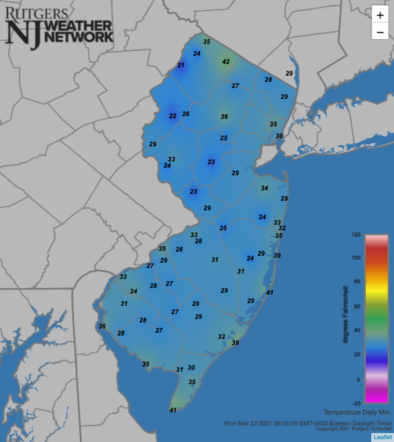 Figure 7. Minimum temperatures on March 22nd at NJWxNet stations. Minimum temperatures on March 22nd at NJWxNet stations