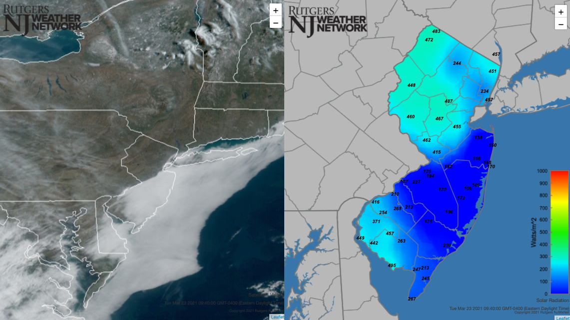 Figure 4. South Jersey fog at 9:40 AM on March 23rd as seen in a NOAA visible satellite image (left) and an NJWxNet solar radiation maps (right). CoCoRaHS precipitation map for the 24 hours ending on the morning of March 25th