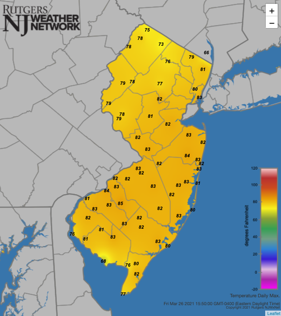 Figure 8. Maximum temperatures on March 26th at NJWxNet stations. Maximum temperatures on March 26th at NJWxNet stations